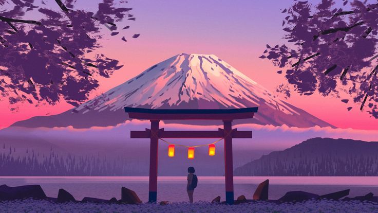 Ilustración de Torii Gate y Monte Fuji